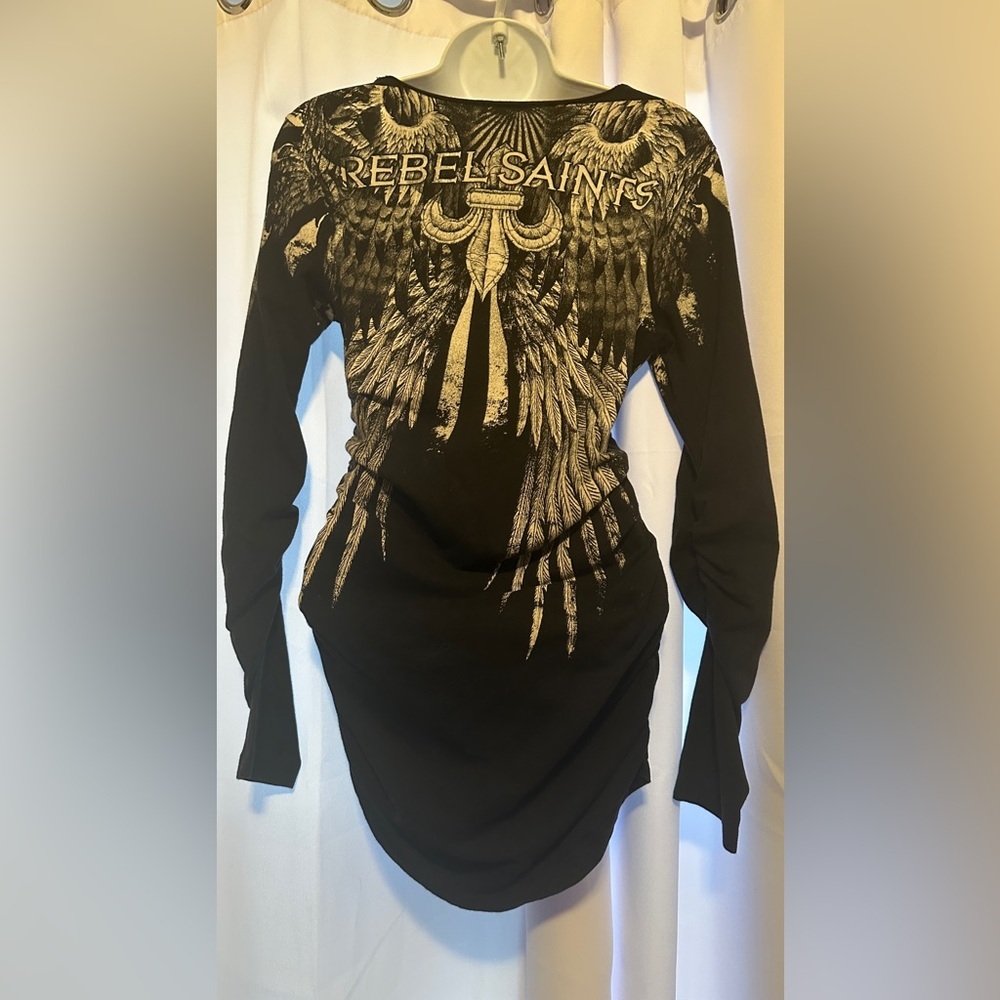 Rebel Saint by Affliction Women's T-Shirt  Ruched Sleeve and sides Medium